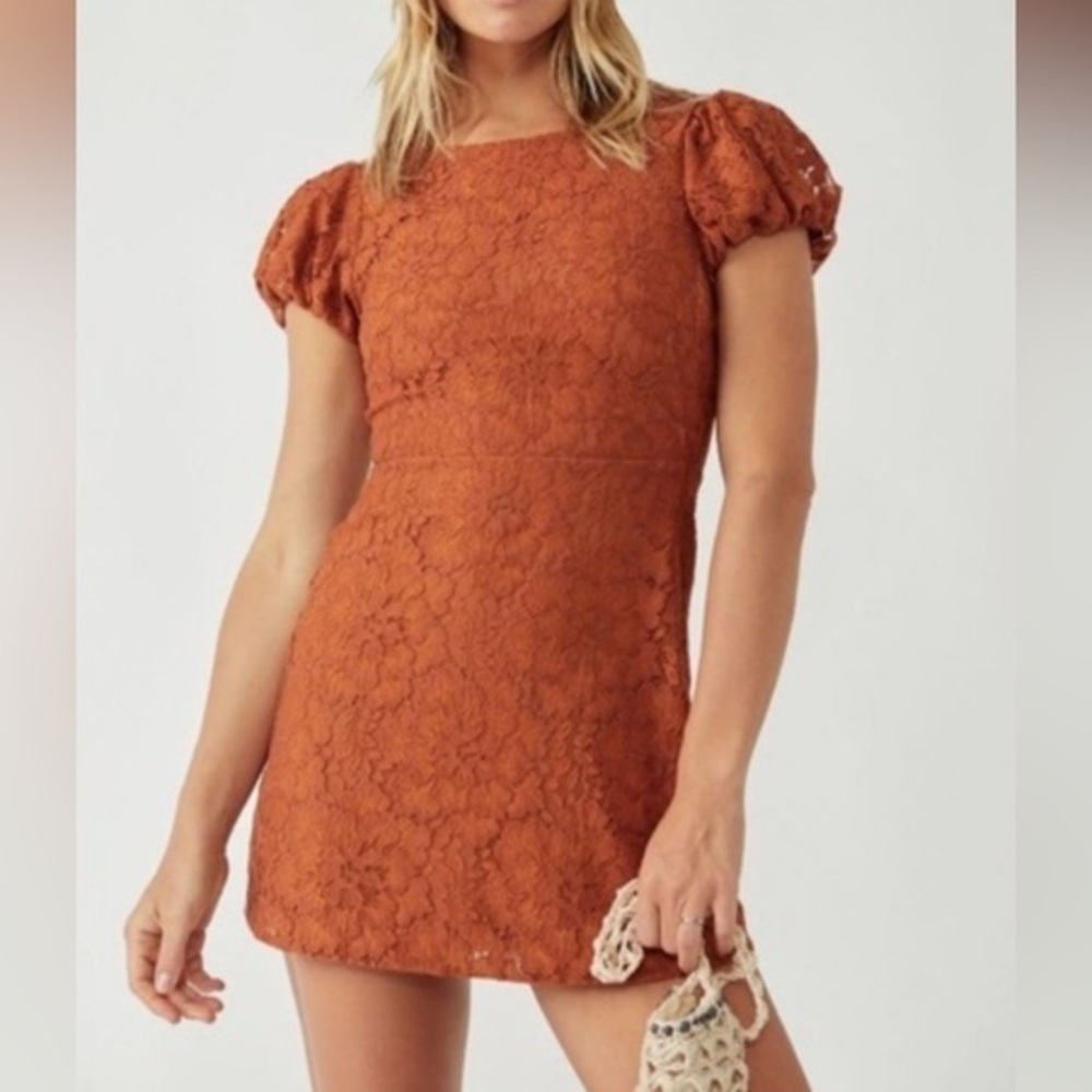 NWT Free People Hailee Lace Short Puffed Sleeve Mini Dress in size S